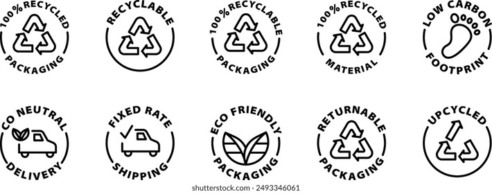 recycling recycled recyclable returnable packaging upcycled fixed rate shipping black outline icon round rounded circle badge stamp label isolated on transparent background