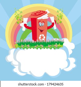 Recycling red bin with papers - character illustration