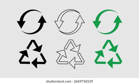 Iconos de reciclaje y actualización en negro y verde para un diseño ecológico y sostenible