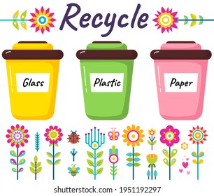 Reciclaje o reutilización. Ordenación de la basura. Monedas de reciclaje a diferentes colores con vidrio, plástico y papel