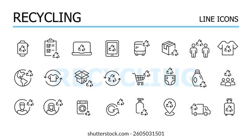 Recycling, reuse and waste management. Green life, sustainable practices. Vector icons set