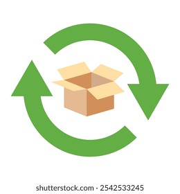 Recycling or reusing packaging materials vector sign. A cardboard box with two circular arrows around it