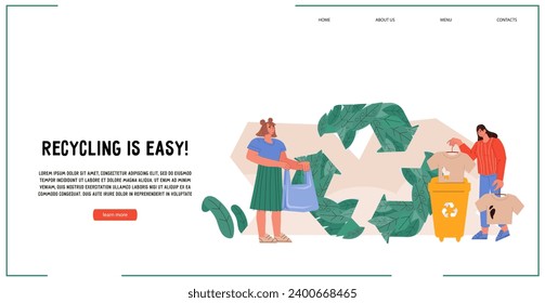 Reciclaje y reutilización de banner de sitios web para promover la ecología y reducir los residuos, diferentes maneras de reciclar y eliminar materiales plásticos y de otro tipo, ilustración plana vectorial.
