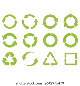 Recycling and rotation arrow symbols. Recycle sign. Recycle arrow collection. Recycling icon set. Green icons for packaging, recycling. Ecology environmentally friendly, environmental management sign.