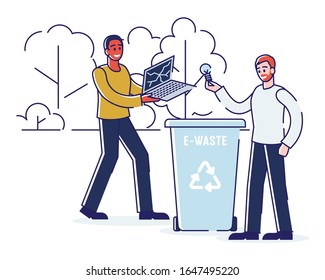 Recycling, Saving Ecology And Zero Waste Concept. People Are Throwing E Waste Into Recycle Bin. Men Are Throwing Broken Laptop And Bulb Into Dumpster. Cartoon Outline Flat Vector Illustration.