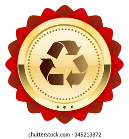 Recycling seal or icon with recycle symbol. Glossy golden seal or button with stars and red color.