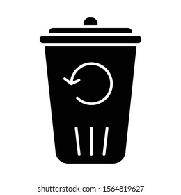 Recycling service glyph icon. Converting waste materials. Garbage reuse. Trash bin. Reutilization. Eco friendly apartment amenities. Silhouette symbol. Negative space. Vector isolated illustration