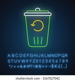 Recycling service neon light icon. Converting waste materials. Garbage reuse. Junk reprocessing. Trash bin. Reutilization. Glowing sign with alphabet, numbers and symbols. Vector isolated illustration