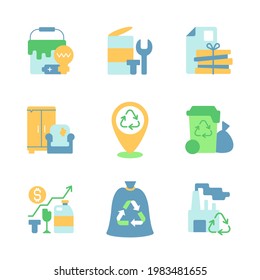 Recycling service vector flat color icon set. Trash and waste management. Garbage disposal. Environmental protection. Cartoon style clip art for mobile app pack. Isolated RGB illustration bundle