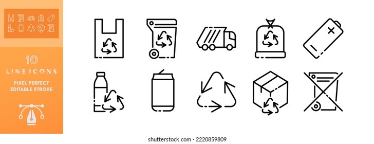 Recycling Set Icon. Bag, Plastic Bottle, Recycle Arrow, Can, Trash Bin, Dont Throw Away Garbage, Bag, Paper, Cardboard Box, Broken Glass. Ecology Concept. Vector Editable Set Icon On White Background