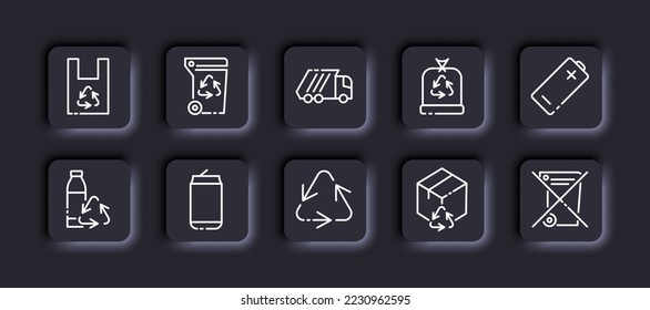 Recycling set icon. Biodegradable bag, plastic, trash can, waste sorting, garbage truck, battery, bottle, tin can, arrows, cardboard box, do not throw away. Ecology concept. Neomorphism style.