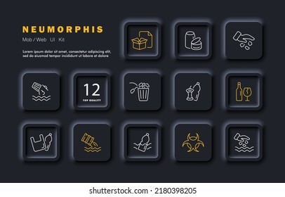 Recycling set icon. Garbage, garbage, landfill, plastic, canned food, tin cans, cores, polyethylene, pollution. Ecology concept. Neomorphism style. Vector line icon for Business and Advertising