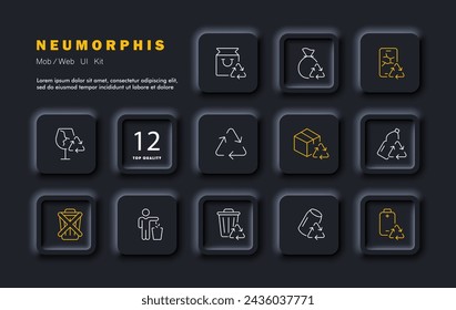 Icono de Conjunto de reciclaje. Reciclaje de plástico, cartón, vidrio, teléfonos, basura, baterías, metal. Clasificación de basura. Concepto respetuoso del medio ambiente. Estilo neomorfista. Icono de línea vectorial