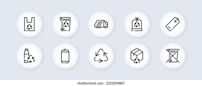 Recycling set icon. Throw away, trash can, paper, box, bottle, garbage, elaboration, plastic, clean environment, nonwaste production. Ecology concept. Vector line icon for Business and Advertising