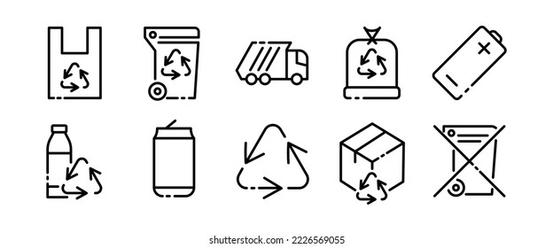 Icono de conjunto de reciclaje. Arrojar, botes de basura, papel, caja, botellas, basura, elaboración, plástico, ambiente limpio, producción no basura. Concepto de ecología. Icono de conjunto negro vector en fondo blanco