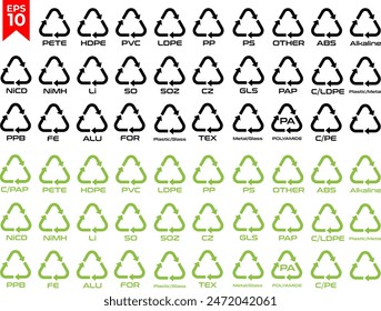 Recycling set icon. Vector illustration. Pete 1, HDPE 2, PVC 3, LDPE 4, pp5, ps6, gls 71, pap20, pap 21, tex60, fe,recycle, plastic, organic, glass, metal, glass, polyamide
