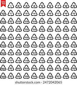 Recycling set icon. Vector illustration. Pete 1, HDPE 2, PVC 3, LDPE 4, pp5, ps6, gls 71, pap20, pap 21, tex60, fe,recycle, plastic, organic, glass, metal, glass, polyamide
