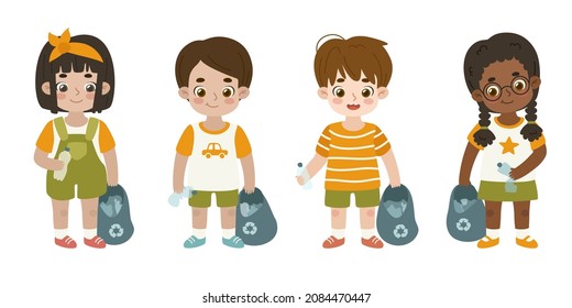 Recycling Set Of Kids With Plastic Bags For Cleaning And Sorting Waste. Volunteer Children Collect Garbage.