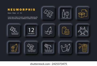 Icono de línea de set de reciclaje. Basura, productos químicos, plástico, botella, vidrio, toxicidad, productos orgánicos. Estilo neomorfista. Icono de línea vectorial para negocios y publicidad