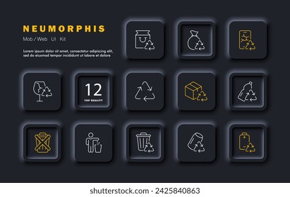 Recycling set line icon. Garbage, glass, packaging, trash bin, trash can, cardboard, glass, plastic. Neomorphism style. Vector line icon for business and advertising