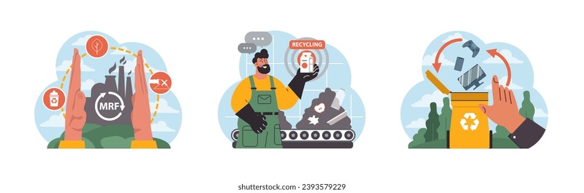 Recycling set. Modern waste management practices. Hands presenting MRF facility, worker explaining process electronics in recycle bin. Waste segregation, responsible disposal. Flat vector illustration