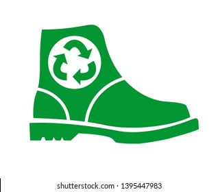 Recycling shoes. Image of green boot, recycling sign. Icon, logo. Flat Vector Illustration