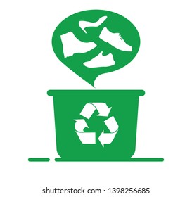 Recycling shoes. Logo or icon in green. Dumpster recycling sign, shoes fall into the trash can. Flat Vector Illustration