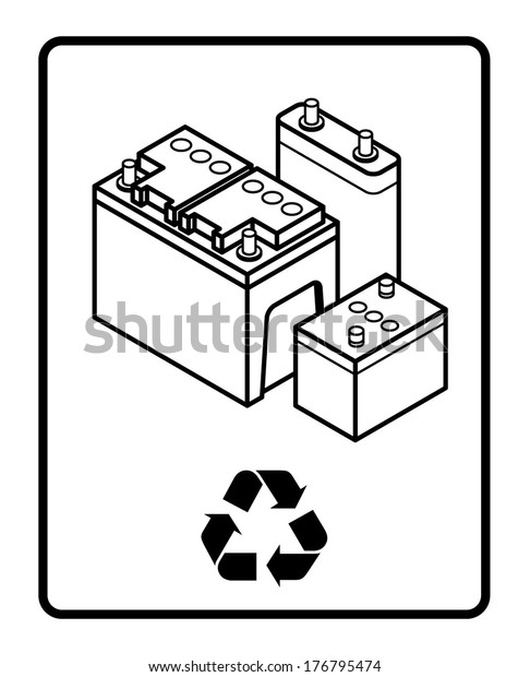 Recycling sign with an arrangement of lead\
acid batteries.