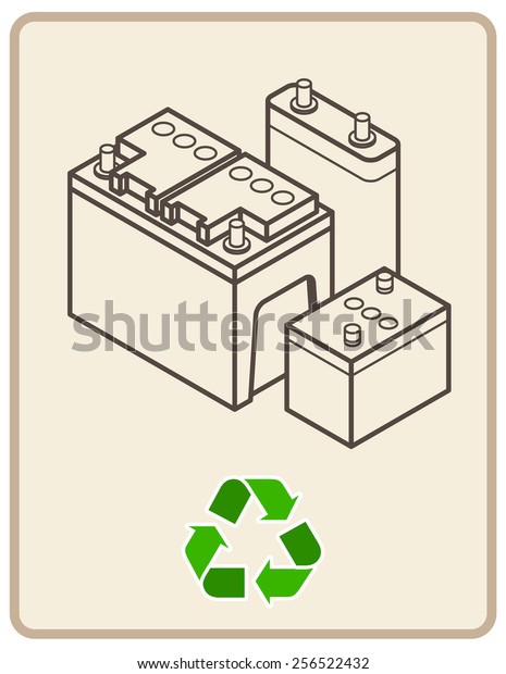 Recycling sign with an arrangement of lead acid\
batteries. 