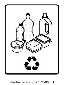 Recycling sign with an arrangement of plastic containers, bottles and tubs.