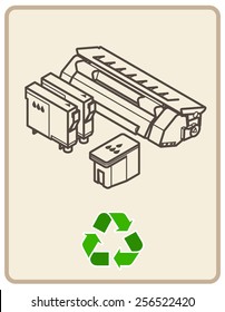 Recycling sign with an arrangement of printer consumables. 