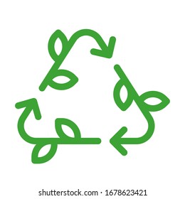 Recycling sign, arrows with green leaves. Simple icon, vector file.