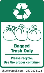 Recycling Sign: Bagged Trash Only - Please Recycle. Use The Proper Container. 