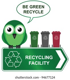 Recycling sign with bird with recycling bins