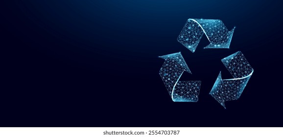 Recycling sign, glowing blue lowpoly wireframe on a dark background. Vector illustration design concept of Environment day.