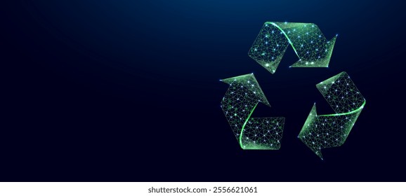 Recycling sign, glowing green lowpoly wireframe on a dark background. Vector illustration design concept of Environment day.