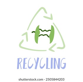 Recycling sign in hand drawn style. Food waste green icon on white background. Bitten apple, recycle sign label or sticker. Eco logo