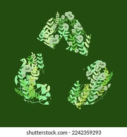 Recycling sign, icon, logo vector illustration. Sustainable life eco symbol. Flowers paper cut. Protect environment. Reduce, reuse, renewable resources sign. Processing organic matter into compost.