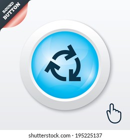 Recycling sign icon. Reuse or reduce symbol.. Blue shiny button. Modern UI website button with hand cursor pointer. Vector
