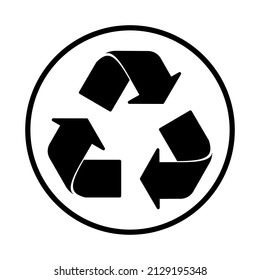 Recycling sign on a white background. Black arrows move in a circle and are located on a white circle with a black outline. Environment protection. Vector.