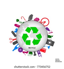 Recycling sign. Recycling Planet Earth. Protecting the land. Waste set.