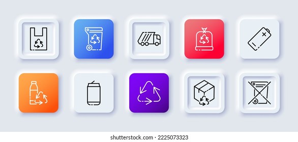 Icono de conjunto de signos de reciclaje. Arrojar, botes de basura, flecha de tarta, caja, botella, basura, elaboración, plástico, bolsa, medio ambiente limpio, producción no basura. Concepto de ecología. Estilo neomorfista. Icono de línea de vector
