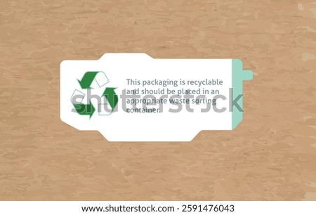 Recycling sign sticker. Eco Packaging Label with Recycle Symbol, Green Tag, Sustainable Branding, Kraft Paper Texture.