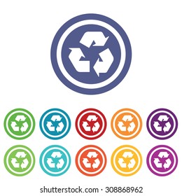 Recycling signs set, on colored circles, isolated on white