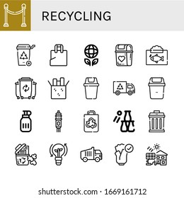 recycling simple icons set. Contains such icons as Separator, Recycle bin, Plastic bag, Ecology, Bin, Ecosystem, Waste, Reuse, Garbage, Water bottle, can be used for web, mobile and logo