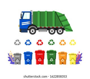 Recycling and sorting Garbage truck with trash bins isolated on white background. Waste sorting. Zero waste life style. Nature care. Vector illustration.