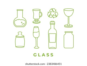 Recycling and sorting of glass waste. Bottle, cup, bulb, jar, glass. Linear icons. Garbage sorting and segregation. Ecology. Editable strokes. Line art, doodles.