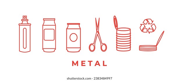 Recycling and sorting of metal waste. Spray can, bottle, can, jar, scissors. Linear icons. Garbage sorting and segregation. Ecology. Editable strokes. Line art, doodles.