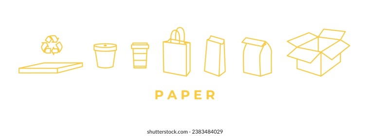 Recycling and sorting of paper waste. Pizza box, paper cup, bag, cardboard box. Linear icons. Garbage sorting and segregation. Ecology. Editable strokes. Line art, doodles.