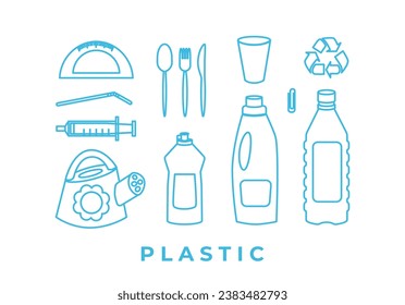 Recycling and sorting of plastic waste. Linear icons. Garbage sorting and segregation. Ecology. Editable strokes. Line art, doodles.